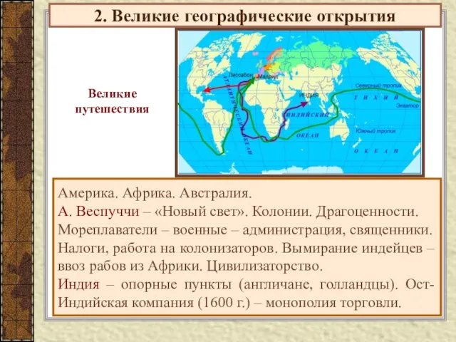 2. Великие географические открытия Америка. Африка. Австралия. А. Веспуччи –