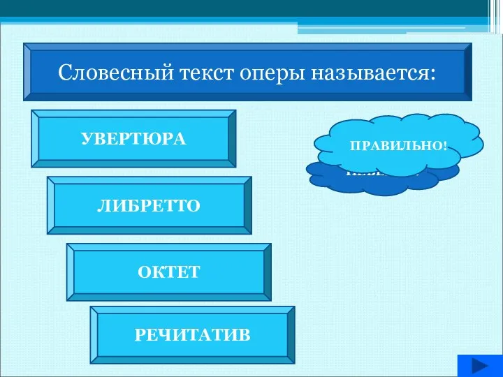 Словесный текст оперы называется: УВЕРТЮРА ЛИБРЕТТО ОКТЕТ РЕЧИТАТИВ НЕВЕРНО! ПРАВИЛЬНО!