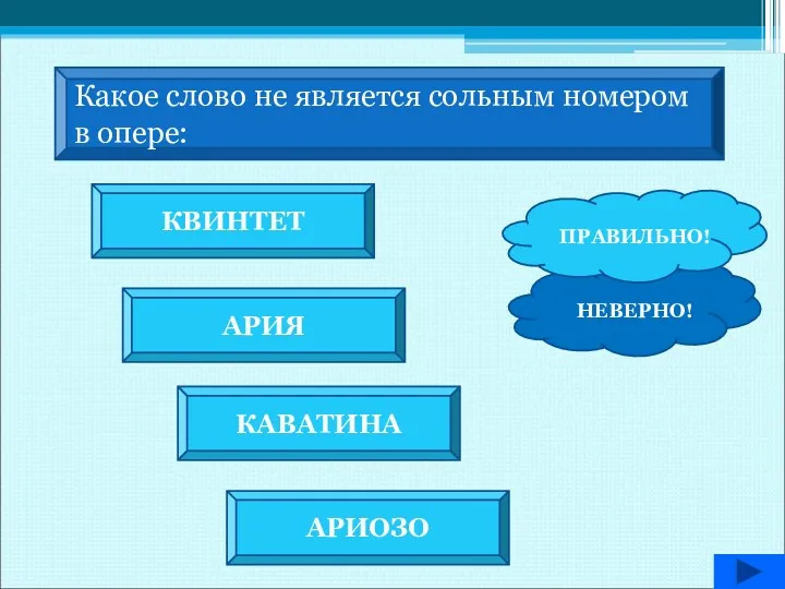 Какое слово не является сольным номером в опере: КВИНТЕТ АРИЯ КАВАТИНА АРИОЗО НЕВЕРНО! ПРАВИЛЬНО!