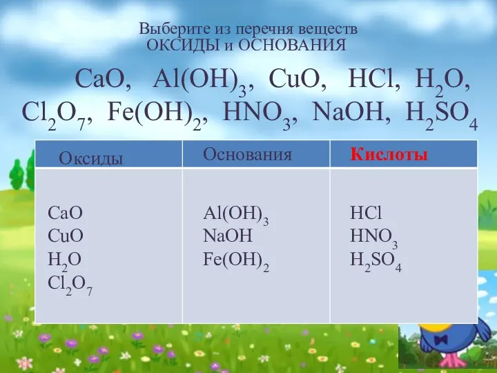 Выберите из перечня веществ ОКСИДЫ и ОСНОВАНИЯ СаО, Аl(ОН)3, СuО,