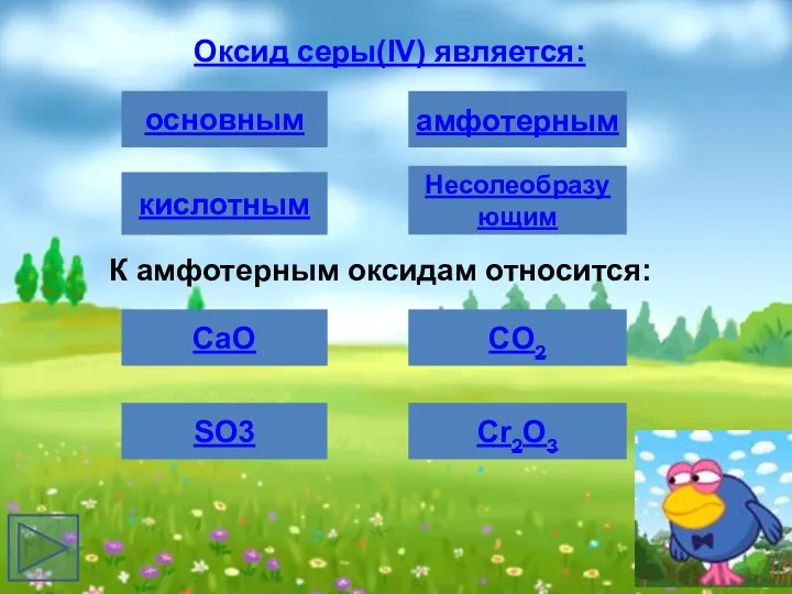 Оксид серы(IV) является: основным кислотным амфотерным Несолеобразующим К амфотерным оксидам относится: CaO SO3 CO2 Cr2O3