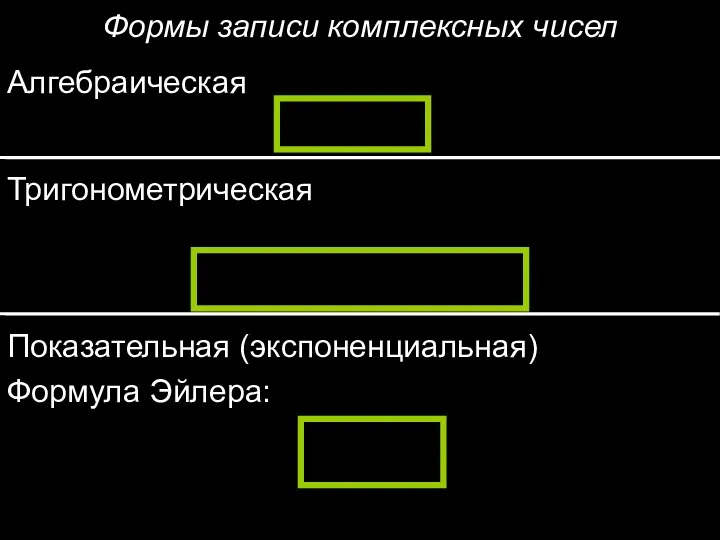 Формы записи комплексных чисел Алгебраическая Тригонометрическая Показательная (экспоненциальная) Формула Эйлера: