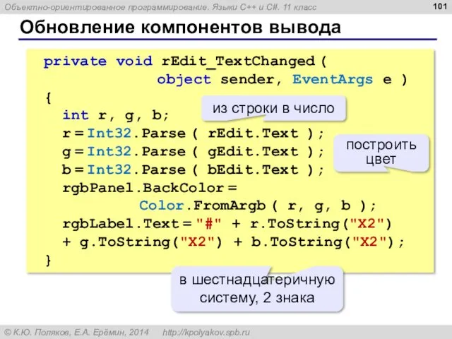 Обновление компонентов вывода private void rEdit_TextChanged ( object sender, EventArgs