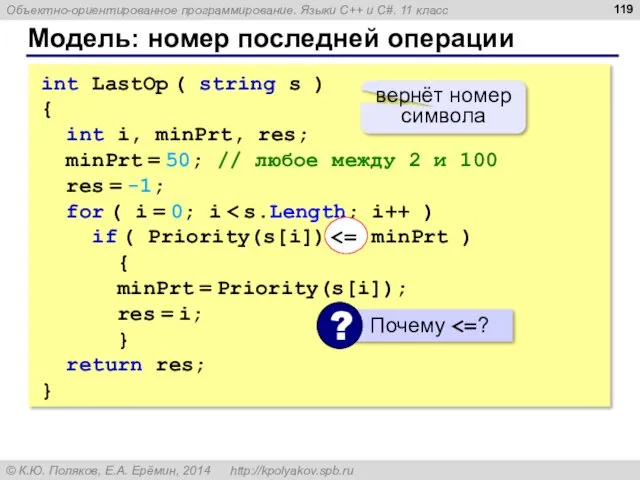 Модель: номер последней операции int LastOp ( string s )