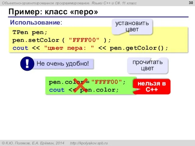 Пример: класс «перо» Использование: TPen pen; pen.setColor ( "FFFF00" );