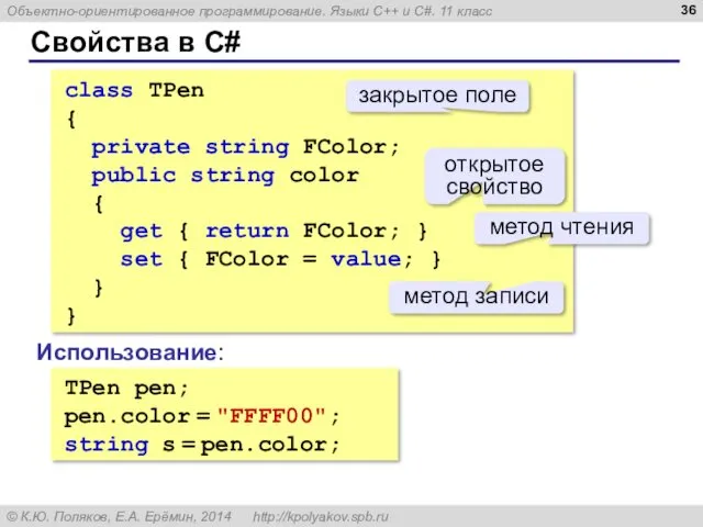 Свойства в C# class TPen { private string FColor; public