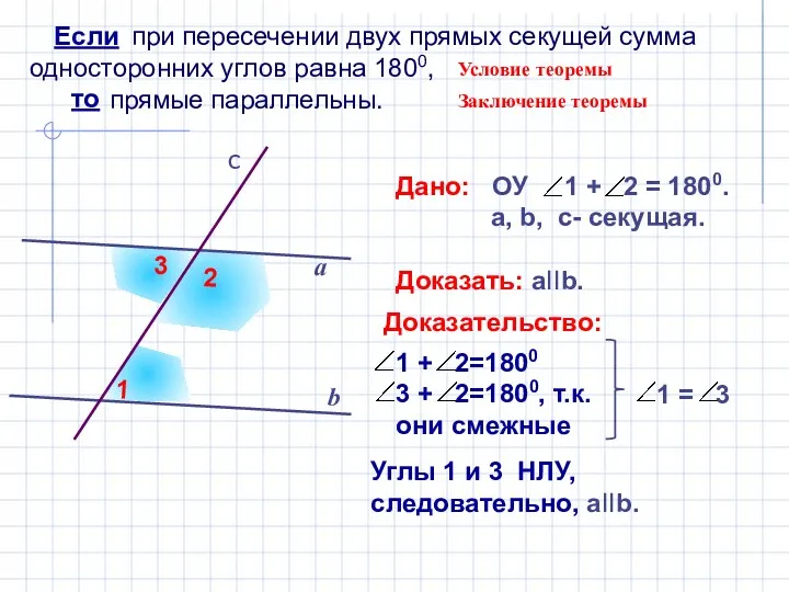 при пересечении двух прямых секущей сумма односторонних углов равна 1800,