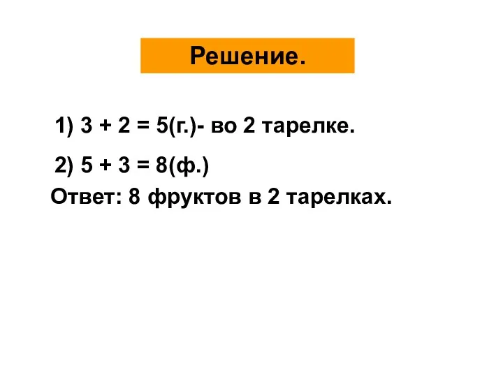 Решение. 1) 3 + 2 = 5(г.)- во 2 тарелке. 2) 5 +