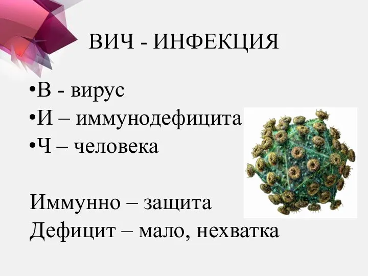 ВИЧ - ИНФЕКЦИЯ В - вирус И – иммунодефицита Ч