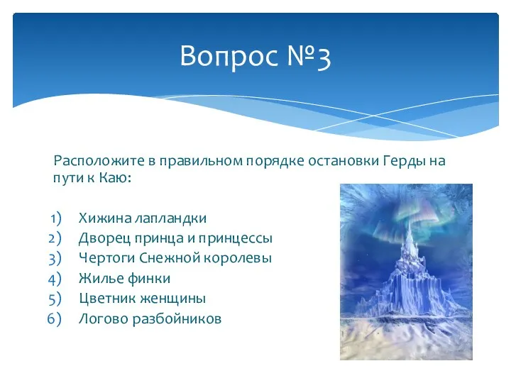 Расположите в правильном порядке остановки Герды на пути к Каю: