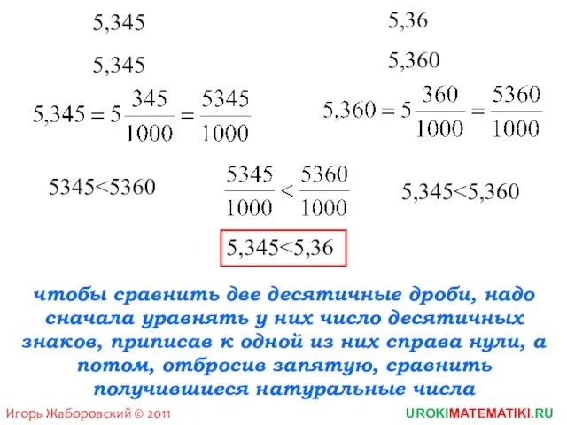 Игорь Жаборовский © 2011 UROKIMATEMATIKI.RU чтобы сравнить две десятичные дроби, надо сначала уравнять