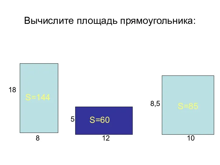 Вычислите площадь прямоугольника: 8 18 S=144 12 5 10 8,5 S=60 S=85