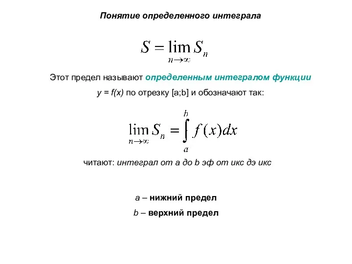 Понятие определенного интеграла Этот предел называют определенным интегралом функции y