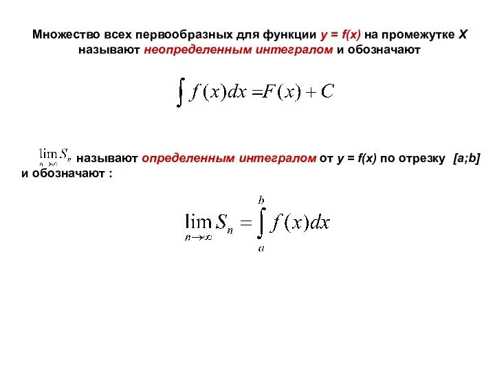 Множество всех первообразных для функции y = f(x) на промежутке Х называют неопределенным интегралом и обозначают