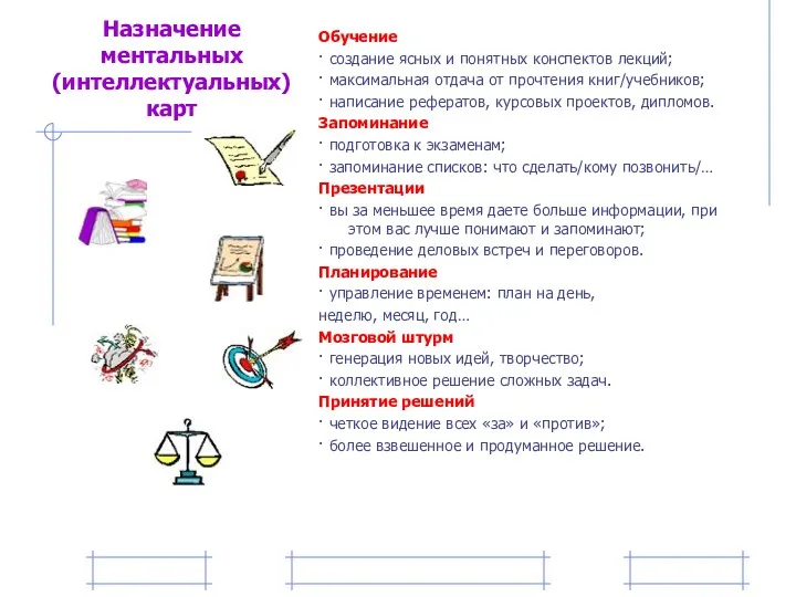 Назначение ментальных (интеллектуальных) карт Обучение · создание ясных и понятных