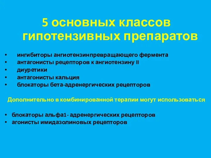 5 основных классов гипотензивных препаратов ингибиторы ангиотензинпревращающего фермента антагонисты рецепторов