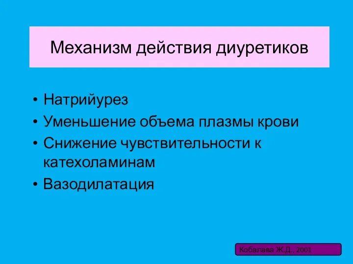 Механизм действия диуретиков Натрийурез Уменьшение объема плазмы крови Снижение чувствительности к катехоламинам Вазодилатация Кобалава Ж.Д., 2001