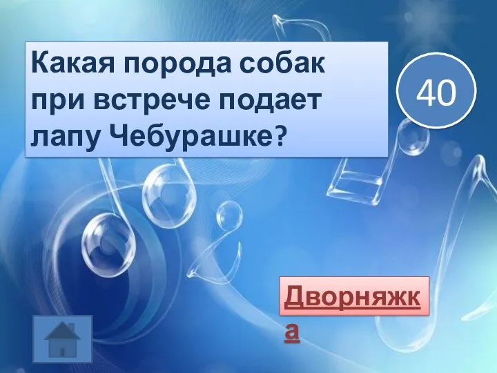 Какая порода собак при встрече подает лапу Чебурашке? Дворняжка 40