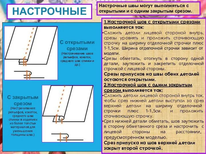 НАСТРОЧНЫЕ 1.Настрочной шов с открытыми срезами выполняется так: Сложить детали