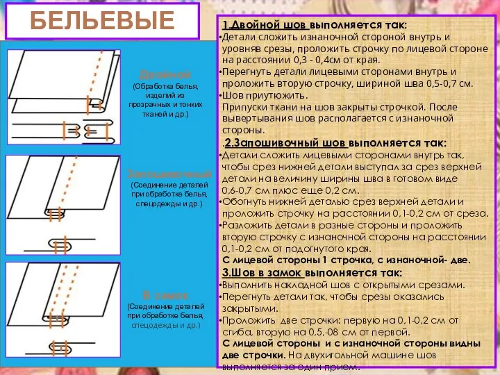 БЕЛЬЕВЫЕ 1.Двойной шов выполняется так: Детали сложить изнаночной стороной внутрь