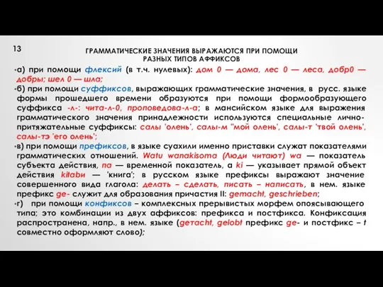 ГРАММАТИЧЕСКИЕ ЗНАЧЕНИЯ ВЫРАЖАЮТСЯ ПРИ ПОМОЩИ РАЗНЫХ ТИПОВ АФФИКСОВ а) при