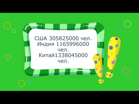 США 305825000 чел. Индия 1165996000 чел. Китай1338045000 чел.