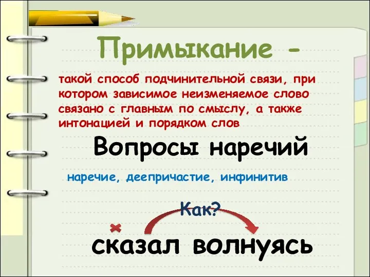 Примыкание - такой способ подчинительной связи, при котором зависимое неизменяемое