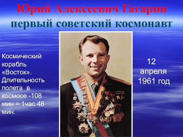 Юрий Алексеевич Гагарин первый советский космонавт 12 апреля 1961 год