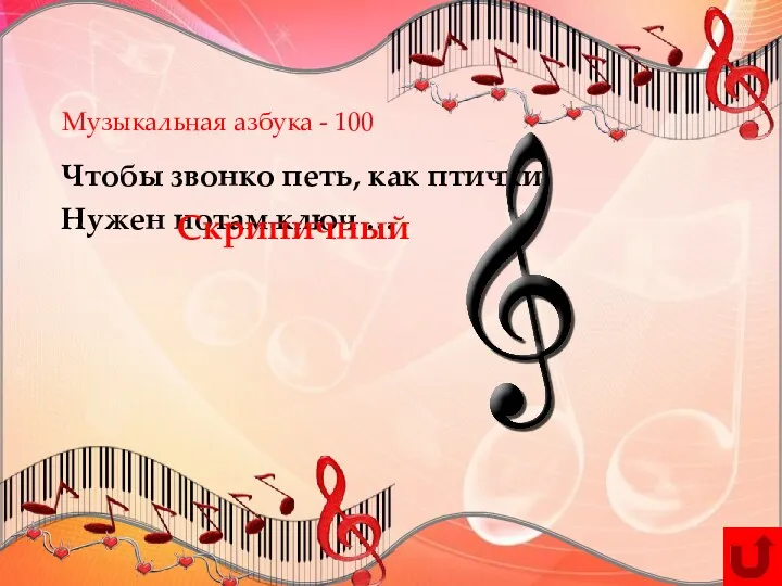 Музыкальная азбука - 100 Чтобы звонко петь, как птички, Нужен нотам ключ … Скрипичный