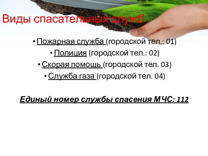 Виды спасательных служб Пожарная служба (городской тел.: 01) Полиция (городской