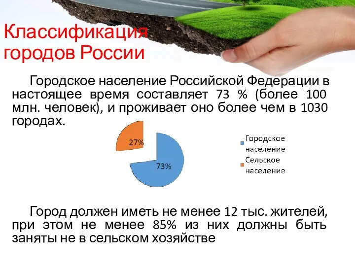 Городское население Российской Федерации в настоящее время составляет 73 %