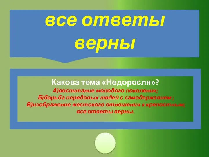 Какова тема «Недоросля»? А)воспитание молодого поколения; Б)борьба передовых людей с