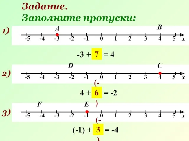 Задание. Заполните пропуски: 1) А -3 + … = 4