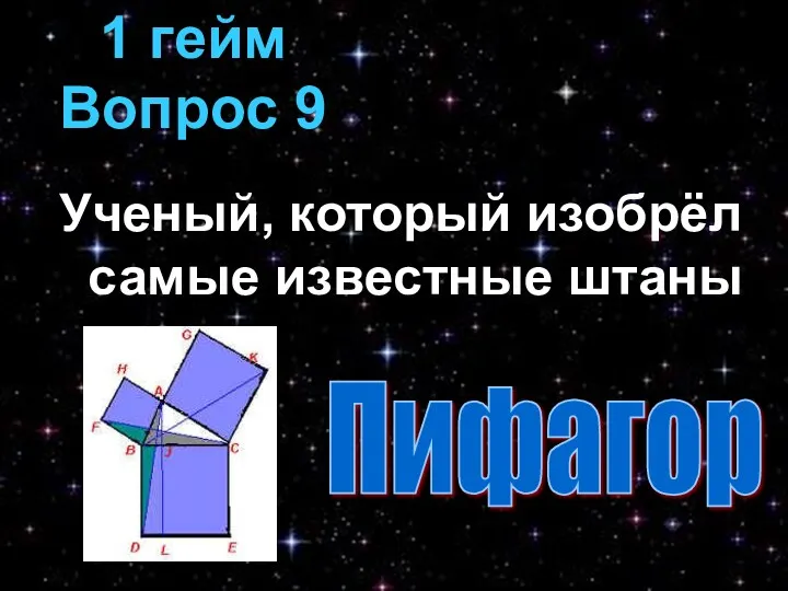 Ученый, который изобрёл самые известные штаны 1 гейм Вопрос 9 Пифагор