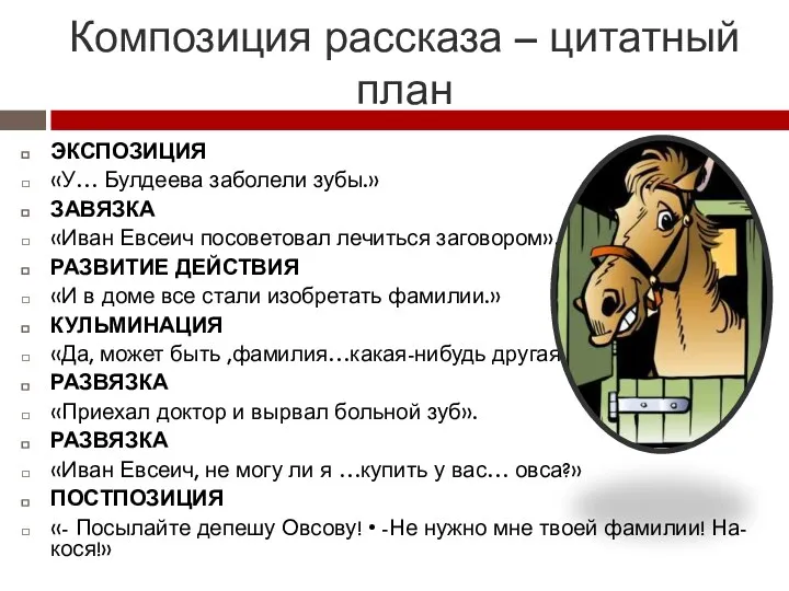 Композиция рассказа – цитатный план ЭКСПОЗИЦИЯ «У… Булдеева заболели зубы.»