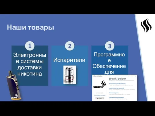 Наши товары 1 Испарители 2 Программное Обеспечение для прошивки систем 3 Электронные системы доставки никотина