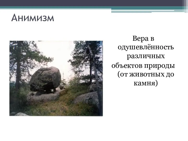 Анимизм Вера в одушевлённость различных объектов природы (от животных до камня)