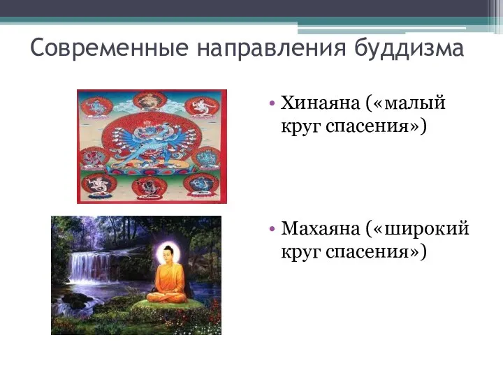 Современные направления буддизма Хинаяна («малый круг спасения») Махаяна («широкий круг спасения»)