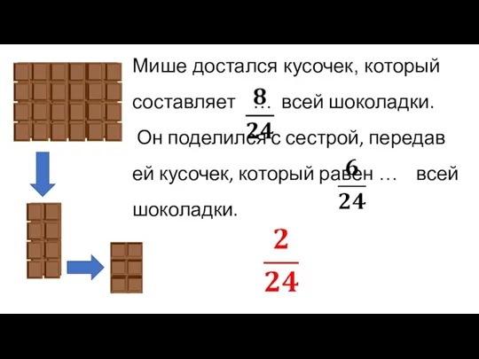 Мише достался кусочек, который составляет … всей шоколадки. Он поделился