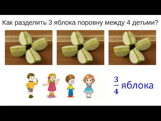 Как разделить 3 яблока поровну между 4 детьми?