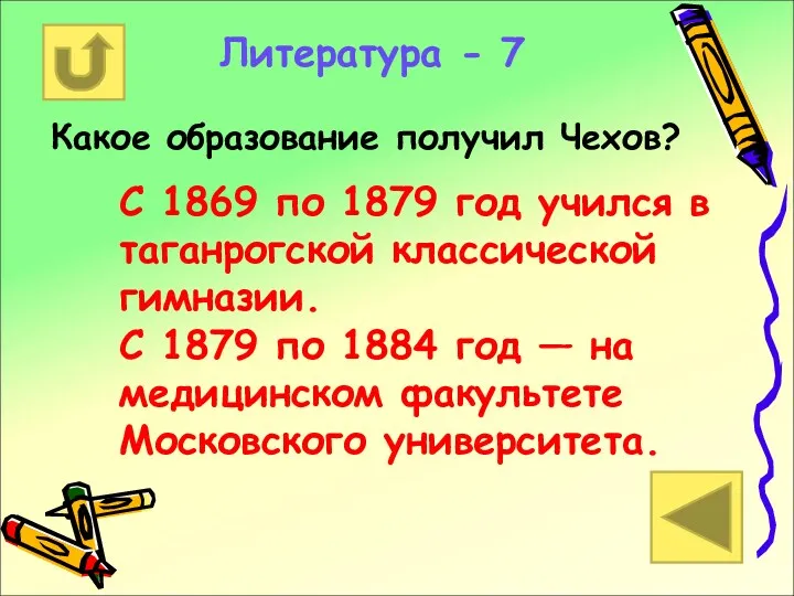 Литература - 7 Какое образование получил Чехов? С 1869 по