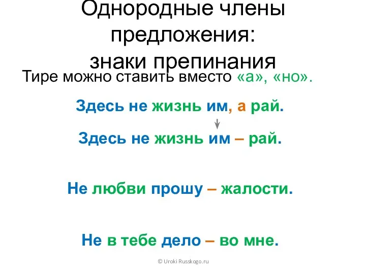 Тире можно ставить вместо «а», «но». © Uroki Russkogo.ru Однородные