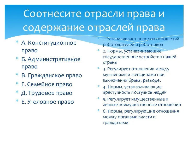 Соотнесите отрасли права и содержание отраслей права А. Конституционное право