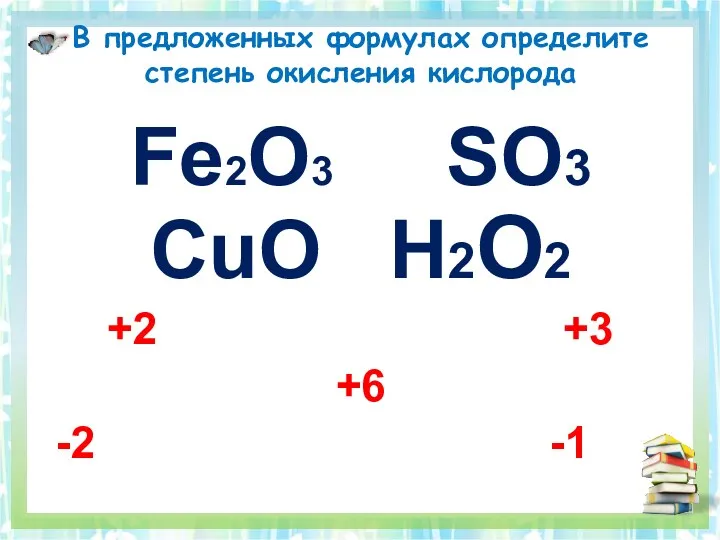 В предложенных формулах определите степень окисления кислорода Fe2O3 SO3 CuO H2O2 +2 +3 +6 -2 -1