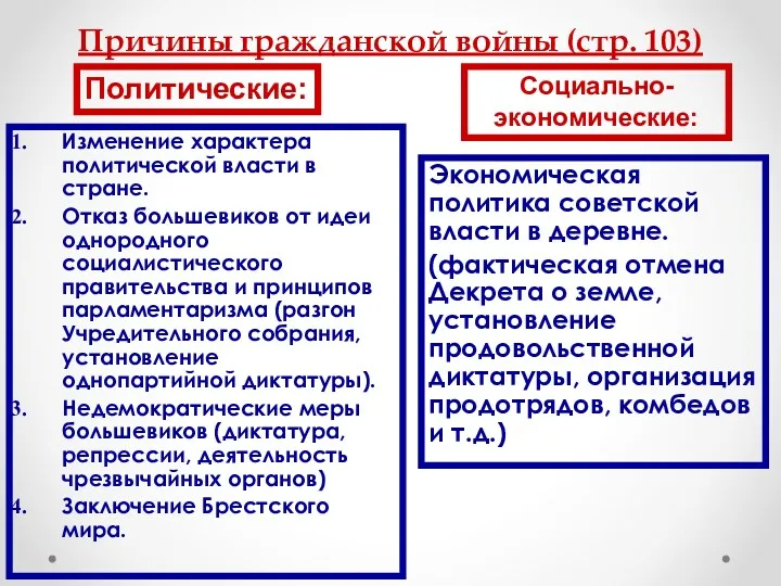 Причины гражданской войны (стр. 103) Изменение характера политической власти в стране. Отказ большевиков