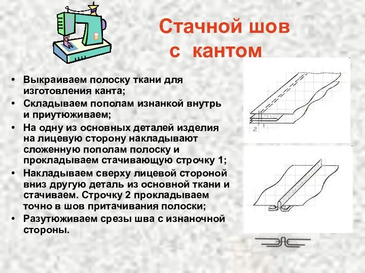 Стачной шов с кантом Выкраиваем полоску ткани для изготовления канта;