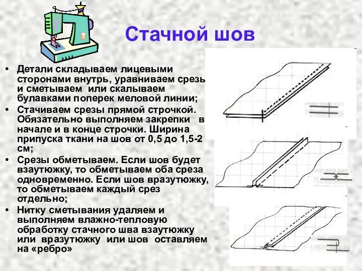 Стачной шов Детали складываем лицевыми сторонами внутрь, уравниваем срезы и