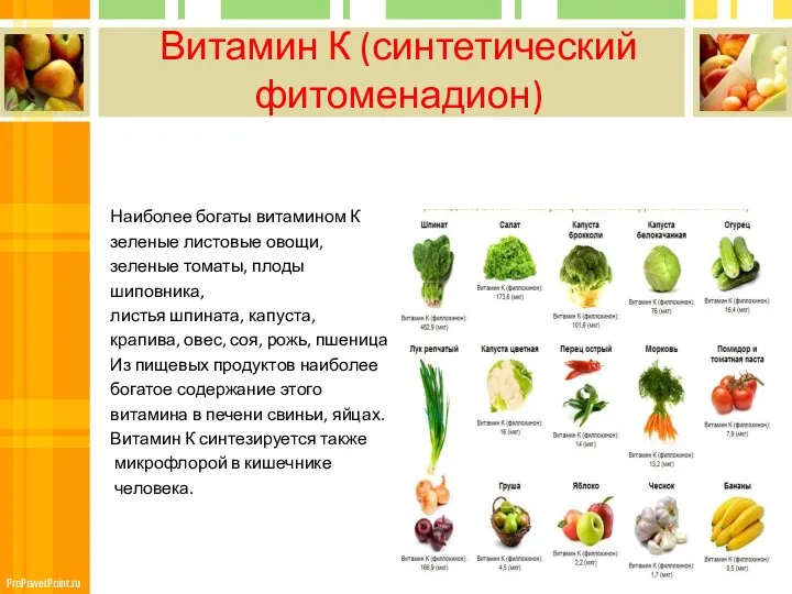 Витамин К (синтетический фитоменадион) Наиболее богаты витамином К зеленые листовые овощи, зеленые томаты,