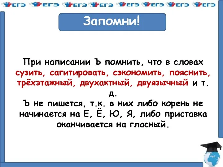 Запомни! При написании Ъ помнить, что в словах сузить, сагитировать,