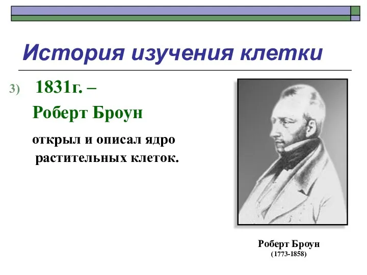 История изучения клетки 1831г. – Роберт Броун открыл и описал ядро растительных клеток. Роберт Броун (1773-1858)